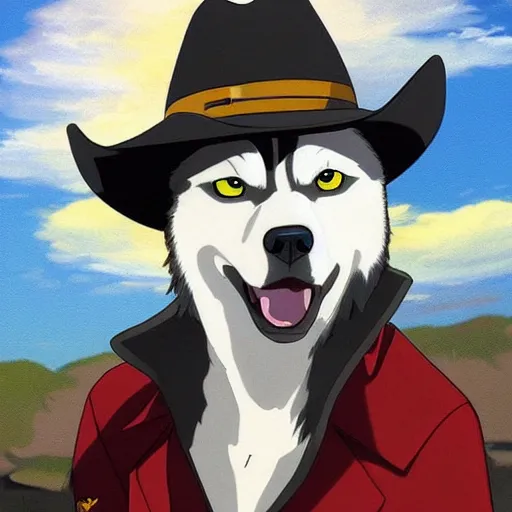 Image similar to a portrait painting of a husky in cowboy costume, wearing a cowboy hat, by [ studio ghibli ], in the style of anime, trending on artstation