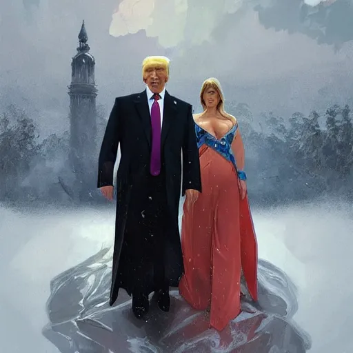 Image similar to vladimir putin marrying donald trump, elegant, highly detailed, digital painting, artstation, concept art, smooth, sharp focus, illustration, art by artgerm and greg rutkowski and alphonse mucha