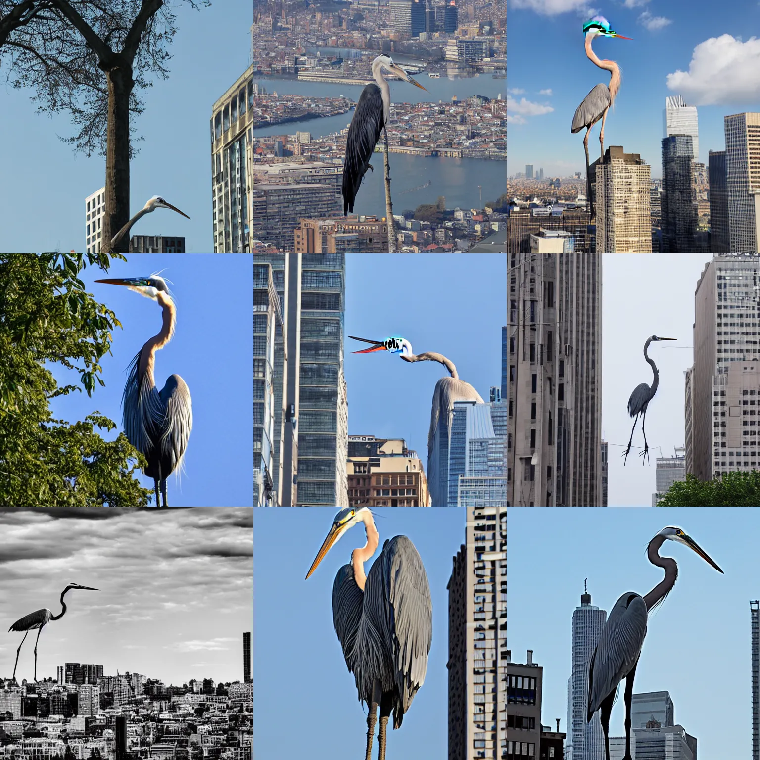 Prompt: gigantic heron standing above city