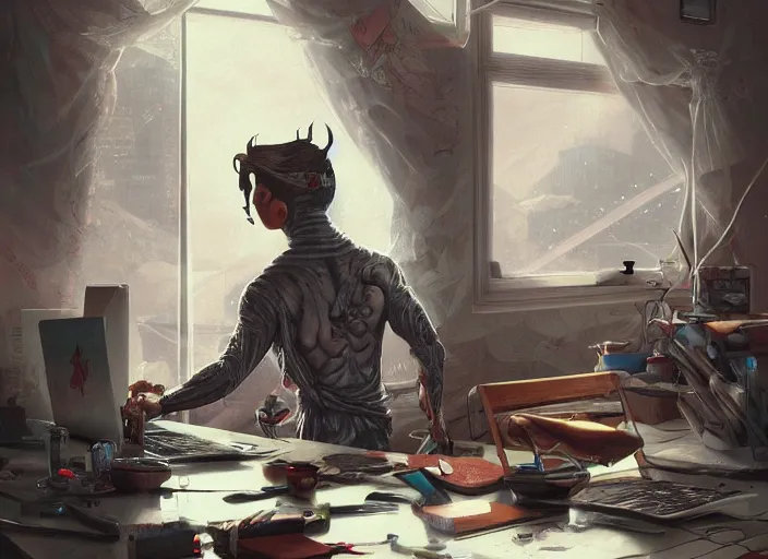 Image similar to an insanely detailed painting of an asian man wearing a homemade superhero costume, sitting at a desk, staring seriously at the computer and typing, in the style of peter mohrbacher, james jean, artgerm, dramatic lighting and composition, surreal background, octane render, pixar, trending on artstation, concept art, comic book, view from behind, 8 k