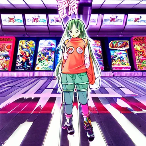 Image similar to manga, realistic lighting, matte colors, made by toriyama akira, front portrait of a girl, jpop clothing, sneaker shoes, arcade cabinet in background