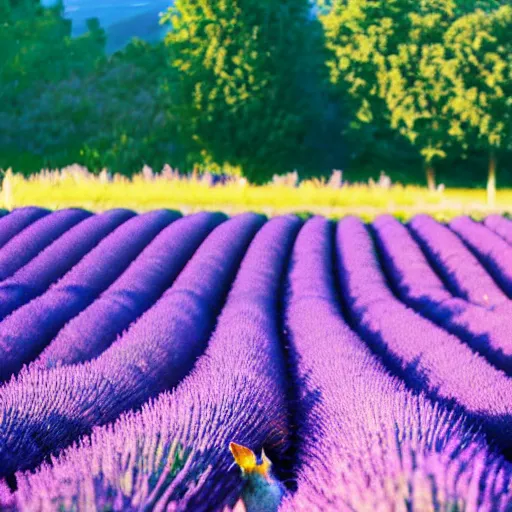 Image similar to lavender field in provence at sunset with a cat sitting in foreground