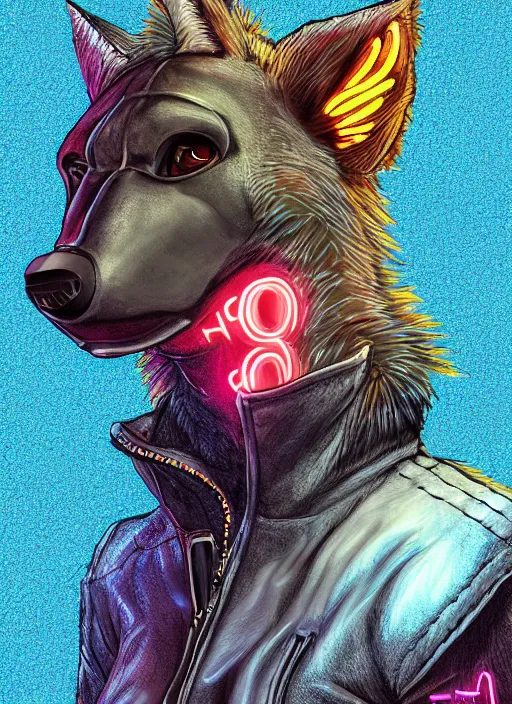 Image similar to cell shaded digital drawing of anthromorphic hyena female, fursona, furry fandom, neon rainy cyberpunk setting, anthro, wearing cyberpunk leather jacket, detailed face,