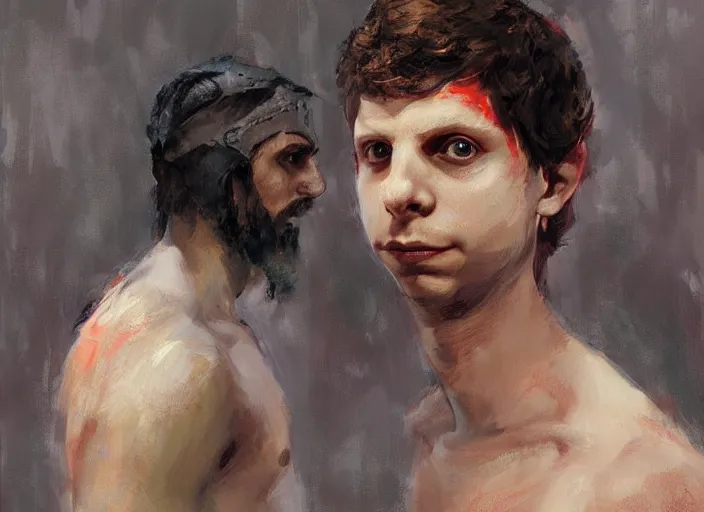 Image similar to a highly detailed beautiful portrait of michael cera as kratos, by gregory manchess, james gurney, james jean