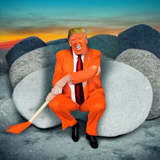 Prompt: long shot of crying Donald Trump wearing an orange prison suit and breaking rocks with a pickaxe at sunset, realistic