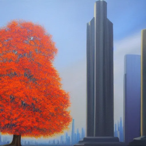 Image similar to A beautiful leafy tree as big as a mushroom cloud, shading a regular-sized modern city below it. Fantasy art, oil painting.