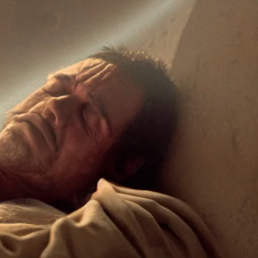 Prompt: close - up of a priest sleeping in a large clay pot, foggy, sun rays, cinematic shot, photo still from movie by denis villeneuve