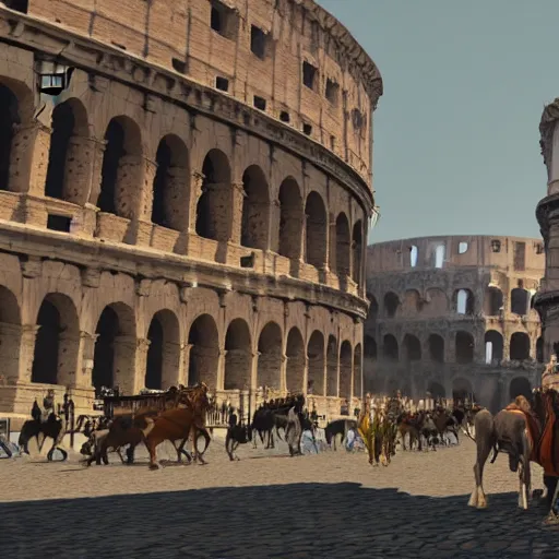 Prompt: busy d & d city with distant colosseum, horses and carriages in first person street view, artstation