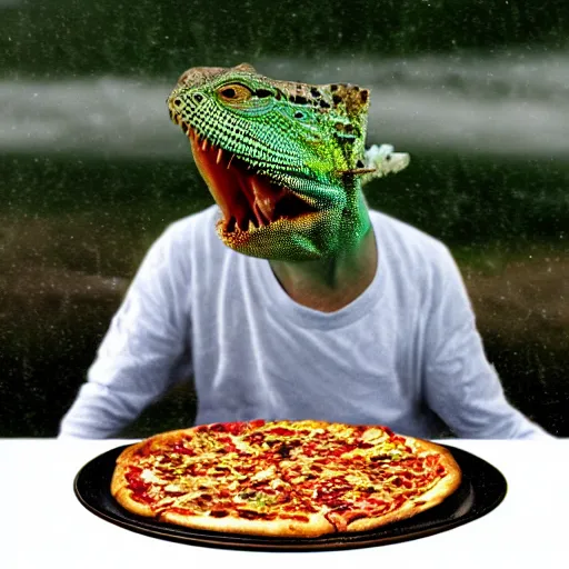 Image similar to lizard man, eating pizza, thunderstorm, texas, crying