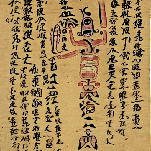 Image similar to an ancient papyrus depicting a japanese yokai's anatomy and information