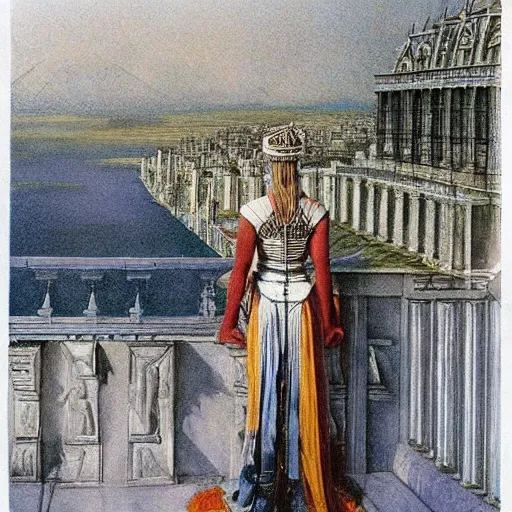 Image similar to a fijian queen looks down on her city from the palace balcony, fantasy art by alan lee