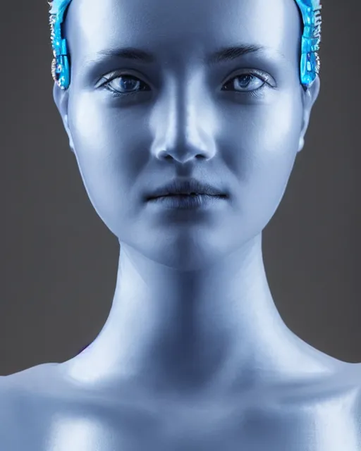 Image similar to natural light, soft focus portrait of an android with soft synthetic blue skin, bioluminescent plastics, smooth shiny metal, elaborate head piece, piercings, skin textures, by annie liebovotz,