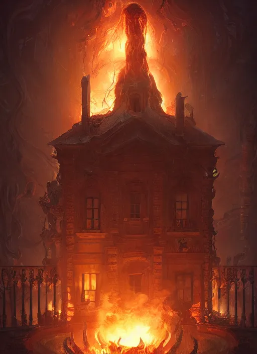 Image similar to giant tentacles destroying a glowing mansion in burning vapor dramatic lighting fantomatic head and faces floating catching fire, artstation, matte painting, bastien lecouffe - deharme, aykut aydogdu, allen williams, artem chebokha