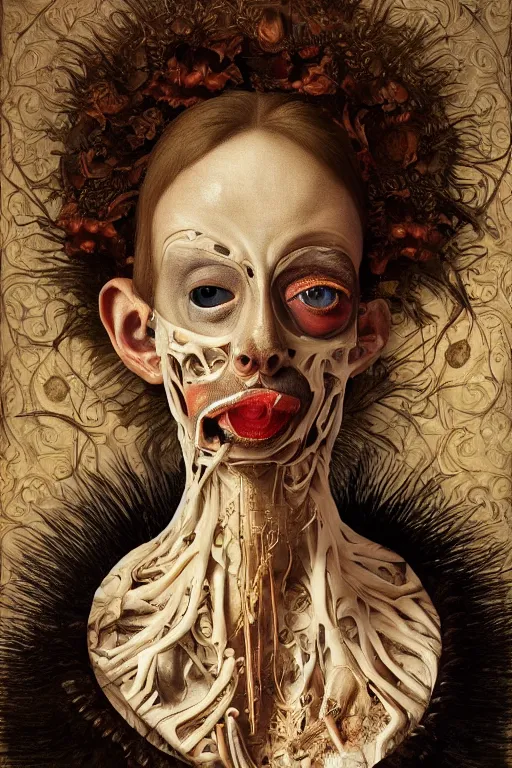 Image similar to Detailed maximalist portrait with large lips and with large wide eyes, surprised expression, surreal extra flesh and bones, HD mixed media, 3D collage, highly detailed and intricate, illustration in the golden ratio, in the style of Caravaggio, dark art, baroque