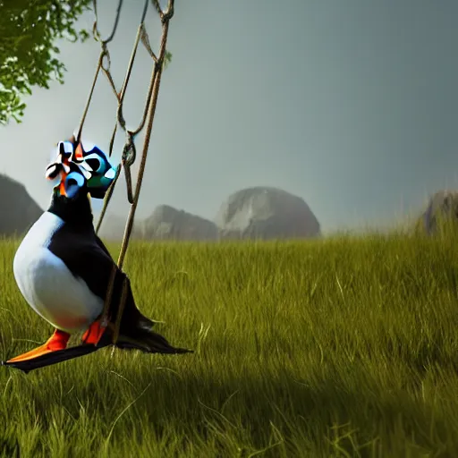 Image similar to puffin in a swing, concept art, cgsociety, octane render, trending on artstation, artstationHD, artstationHQ, unreal engine, 4k, 8k --height 768