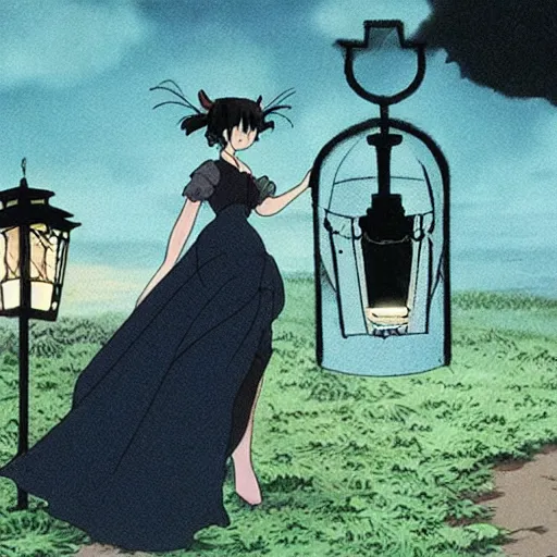 Prompt: a woman in a black corset holding a lantern at night, a screenshot by studio ghibli, tumblr, symbolism, mystical, enchanting, fantasy film