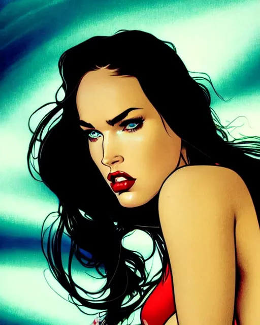 Image similar to low angle closeup beautiful very seductive megan fox retro scifi goddess pinup, action glamour pose, windblown dark hair, hyper detailed, digital art, studio lighting, smooth, ambient lighting, sharp focus, frank miller, wlop, anna dittmann, moebius!, alphonse mucha, patrick nagle!!, rim lighting, synthwave