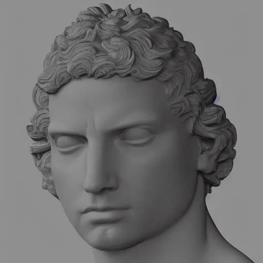 Prompt: a 3 d render of the head of david statue wearing a neon ring around the head, in the style of michelangelo