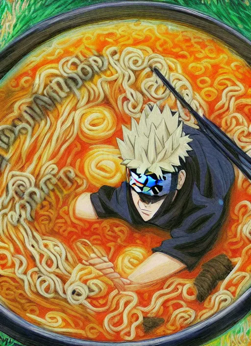 Image similar to naruto eating ramen, very anime, trending artwork, 4 k, anime painter studio, an impressionist style by claude monet