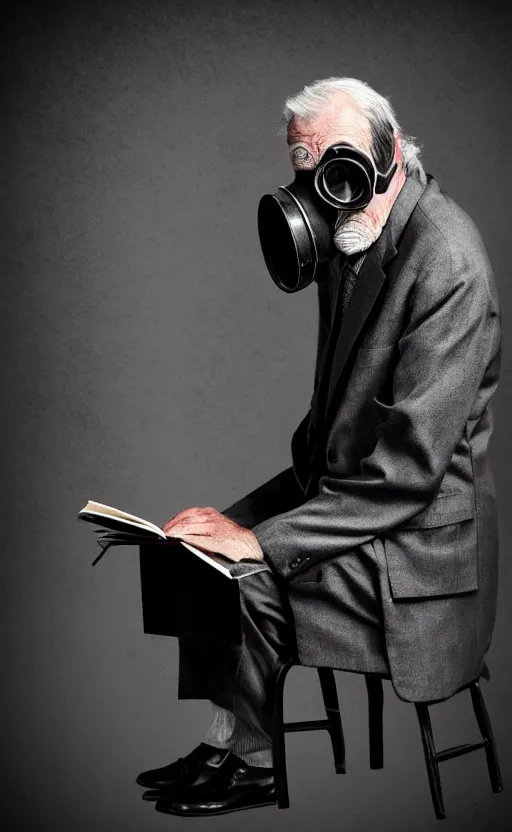 Image similar to old, man, work, vintage suit, sittin, chair, book, gasmask, do, what, we, can, then, leave, it, to, god, non fiction, stability, intricate, elegant, 8 k, uhd, justify content center, artstation, concept art, matte, sharp focus, illustration, consistent, one object content