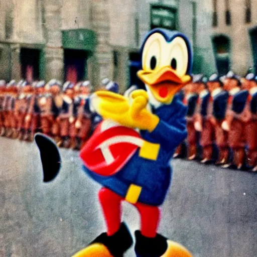 Image similar to historic colorized photograph of colorful donald duck at a nazi parade in 1 9 3 6