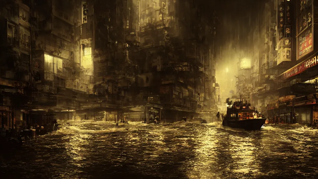 Prompt: dramatic Photorealistic, Matte Painting of a tug boat with bright head lights exploring a busy post apocalyptic flooded Hong Kong city street at night,dark Tall buildings by Greg Rutkowski,Craig Mullins,Hyperrealism,Beautiful dramatic moody lighting,Cinematic Atmosphere,Volumetric,VRay Rendering,8K