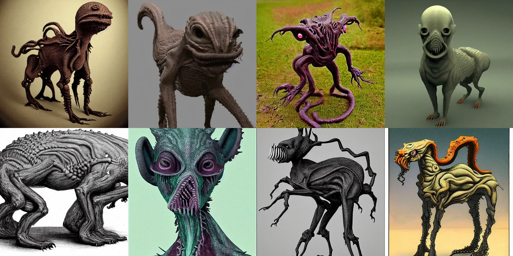 Prompt: organic quadruped creature with no hair and scary look, lovecraft