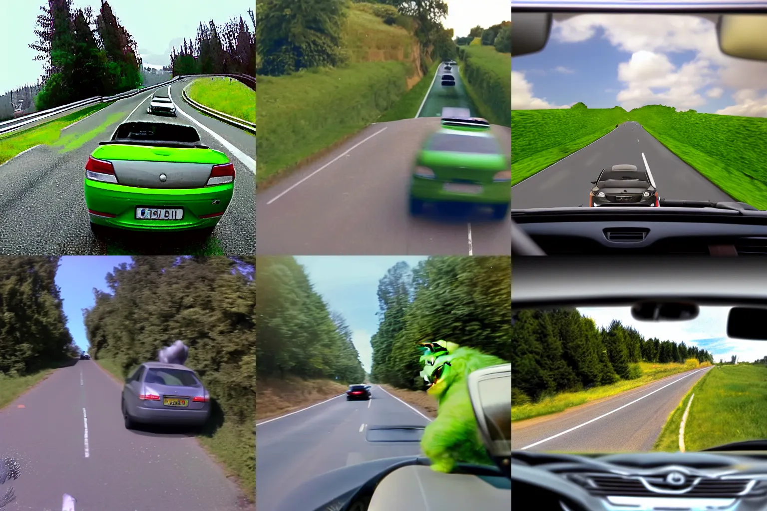 Prompt: Dashcam photo of car about to crash into Shrek
