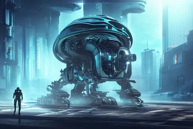 Image similar to cyberpunk alien concept inspired tank, futuristic look, highly detailed body, very powerful, photorealistic camera shot, bright studio setting, studio lighting, crisp quality and light reflections, unreal engine 5 quality render