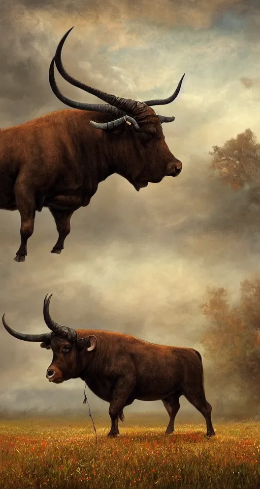 Image similar to a giant!! bull with horns decorated!!! with bells and ribbons, background is the spiral stairs, in the steppe, autumn field, misty background, from the game pathologic 2, highly detailed, sharp focus, matte painting, by rosa bonheur, by isaac levitan and asher brown durand,