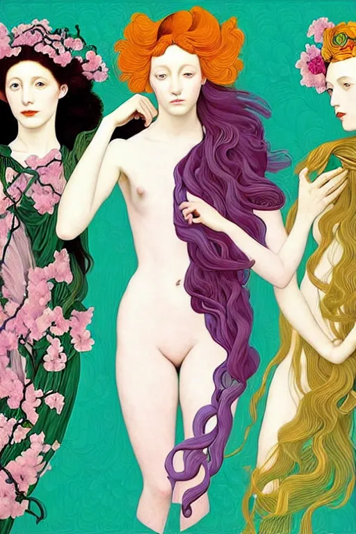 Image similar to 3 Spring Muses symbolically representing March, April, and May, in a style blending Æon Flux, Peter Chung, Shepard Fairey, Botticelli, Ivan Bolivian, and John Singer Sargent, inspired by pre-raphaelite paintings, shoujo manga, and cool Japanese street fashion, dramatically blossoming flora and fauna, petals falling everywhere, pastel vivid triad colors, hyper detailed, super fine inking lines, ethereal and otherworldly, 4K extremely photorealistic, Arnold render