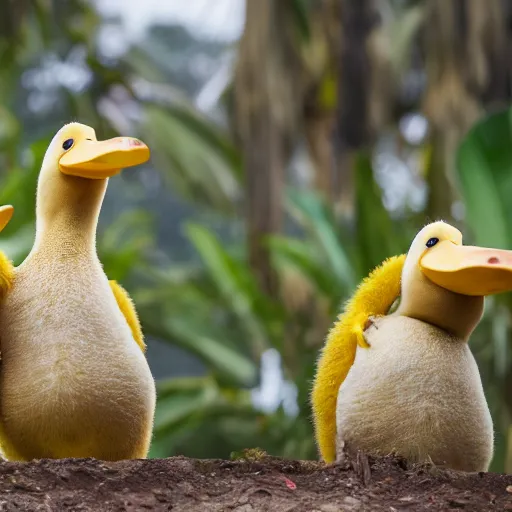 Image similar to professional photograph of banana ducks, peeled bananas with googly eyes and duck beaks