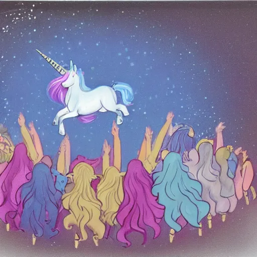 Prompt: by tony northrup mood, lavish robin egg blue, polaroid. a illustration of a pantomime unicorn onstage, surrounded by a group of children who are clapping & cheering. the unicorn is wearing a sparkly costume & has a long, flowing mane. its horn is glittering & its eyes are wide open.