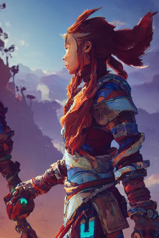 Image similar to combination suit armor aloy horizon forbidden west horizon zero dawn radiating a glowing aura global illumination ray tracing hdr fanart arstation by ian pesty and alena aenami artworks in 4 k tribal robot ninja mask helmet backpack