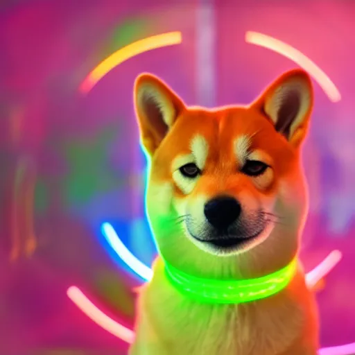 Prompt: Shiba Inu wearing a neon coloured hat while on a spaceship