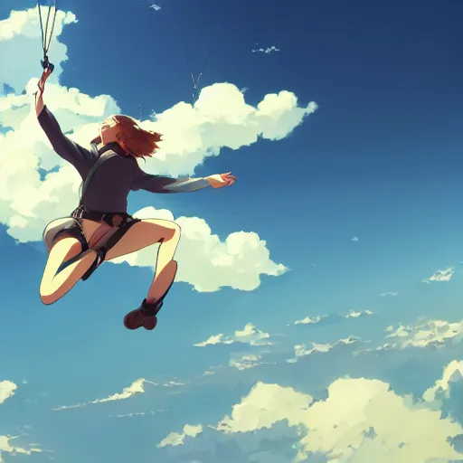 Prompt: a girl parachuting from the sky, perspective piece, anime scene by Makoto Shinkai, concept art, 4k