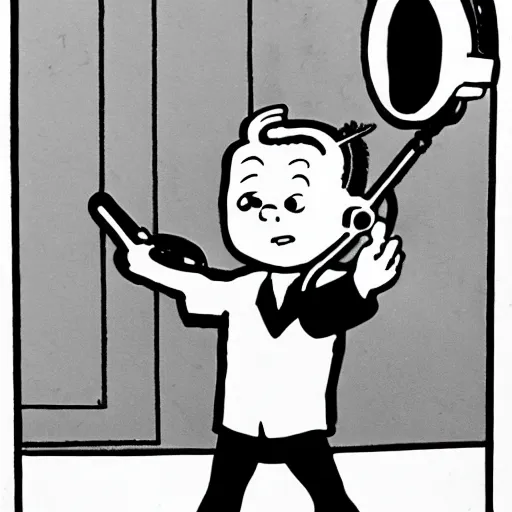 Prompt: tintin with headphones and big microphone on arm, in the style of moebius