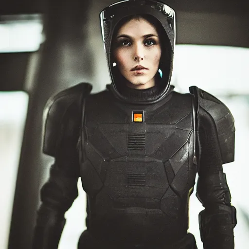 Image similar to portrait photograph of black spaceship pilot battle armor. super resolution. 85 mm f1.8 lens.bokeh.graflex. Alessio albi