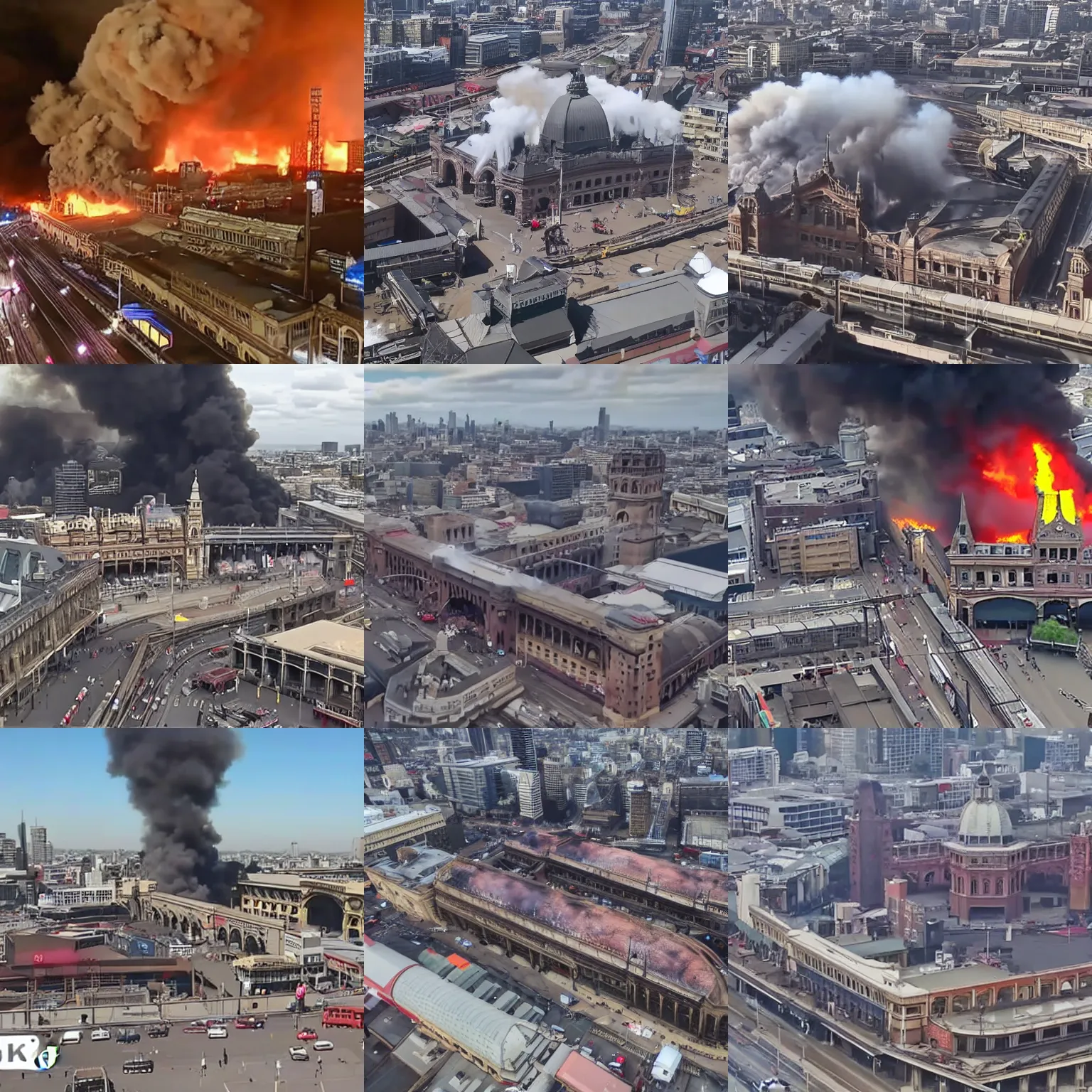 Prompt: flinders street station burning down, 4 k aerial drone footage