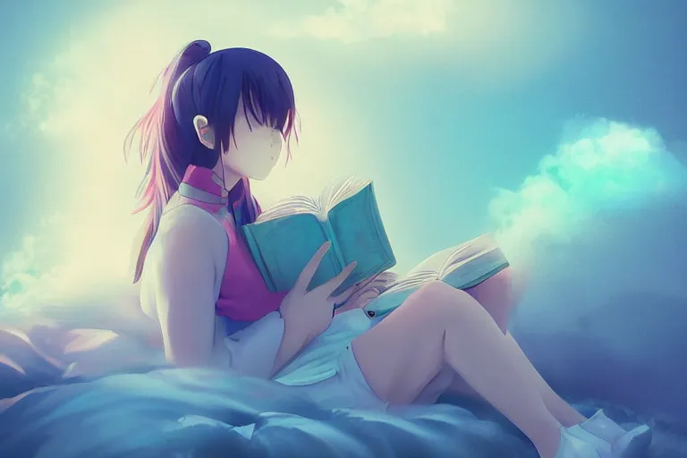 Image similar to a cute anime girl reading a book on a cloud relaxing, misty, glows, digital art, hazy, foggy, ambient lighting, 8 k, neon, synthwave,