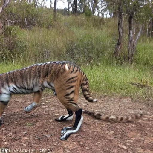 Image similar to tasmanian tiger trailcam. realistic. found footage