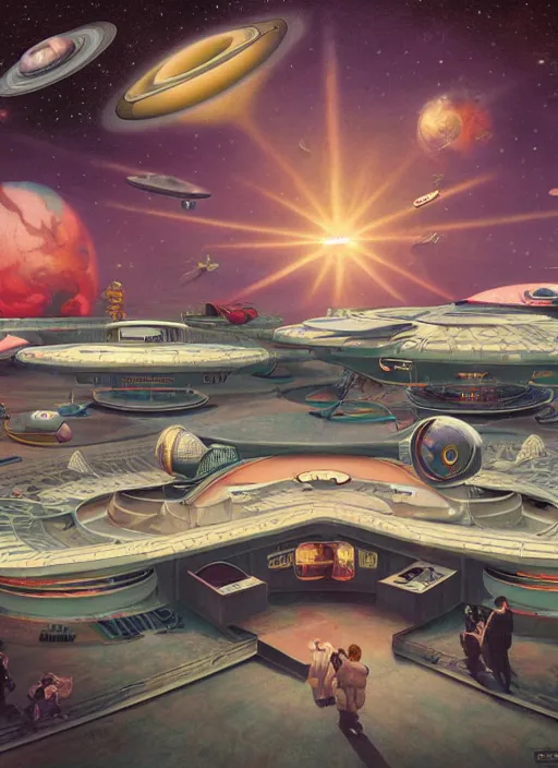 Image similar to highly detailed wide - angle portrait of a retro 1 9 6 0 s spaceport, nicoletta ceccoli, mark ryden, lostfish, earl nore, hyung tae, frank frazetta, global illumination, god rays, detailed and intricate environment