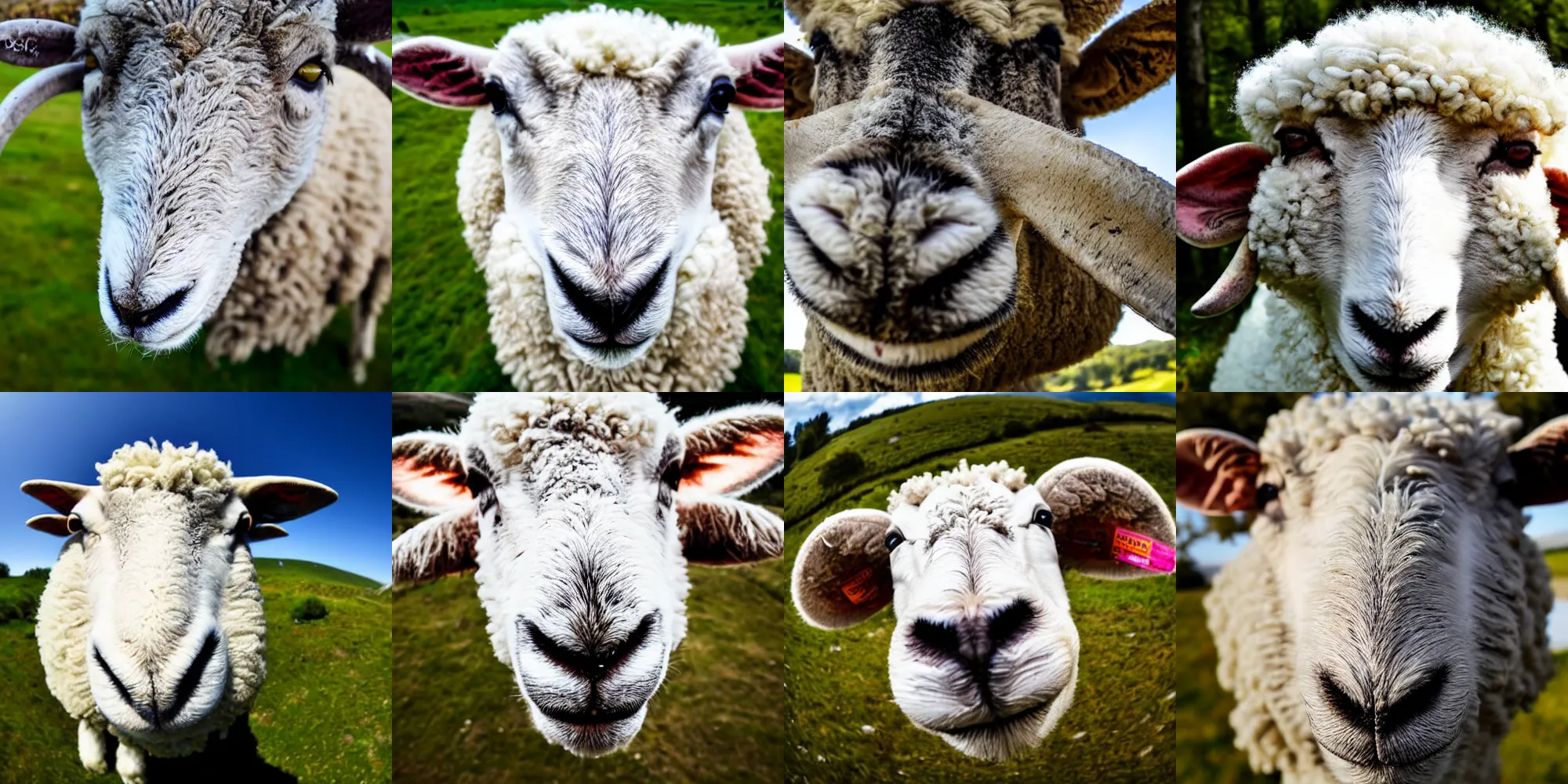 Prompt: closeup photo of a sheep's face, on a clearing, extreme wide angle, fisheye lens