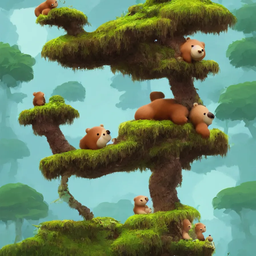 Prompt: A baby bear on top of a trunk that navigates the river of a jungle, art by Goro Fujita, ilustration, concept art, sharp focus, ArtStation, Deviantart