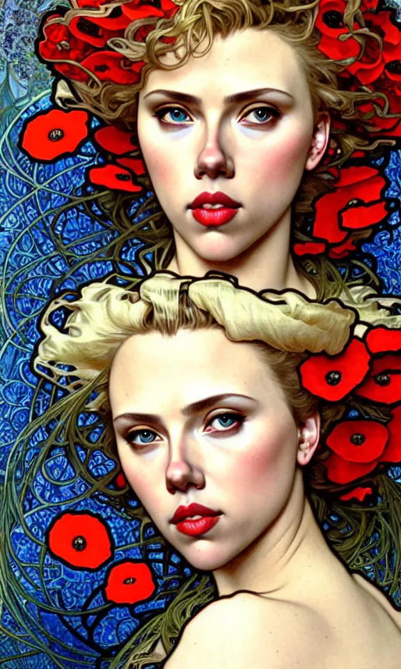 Prompt: realistic detailed face portrait of scarlett johansson with poppies in her elaborate hair by alphonse mucha, ayami kojima, amano, greg hildebrandt, and mark brooks, art nouveau, neo - gothic, gothic