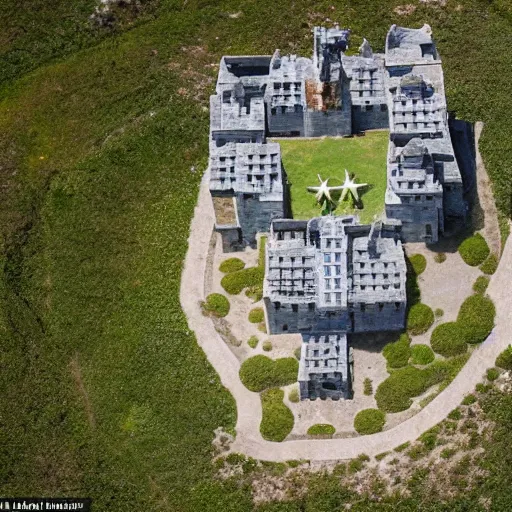 Image similar to aerial view of a punisher fortress from above on a hill by the ocean. castle shaped shaped exactly like the punisher symbol detailed