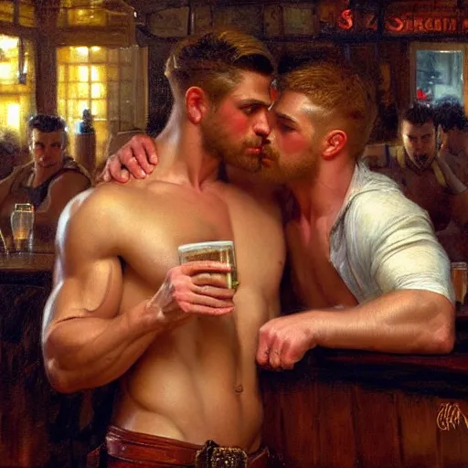 Prompt: attractive muscular male with brunet hair and attractive muscular male with blond hair. pants and shorts, drinking their hearts out, in a pub. very defined and detailed painting by gaston bussiere, j. c. leyendecker, craig mullins 8 k