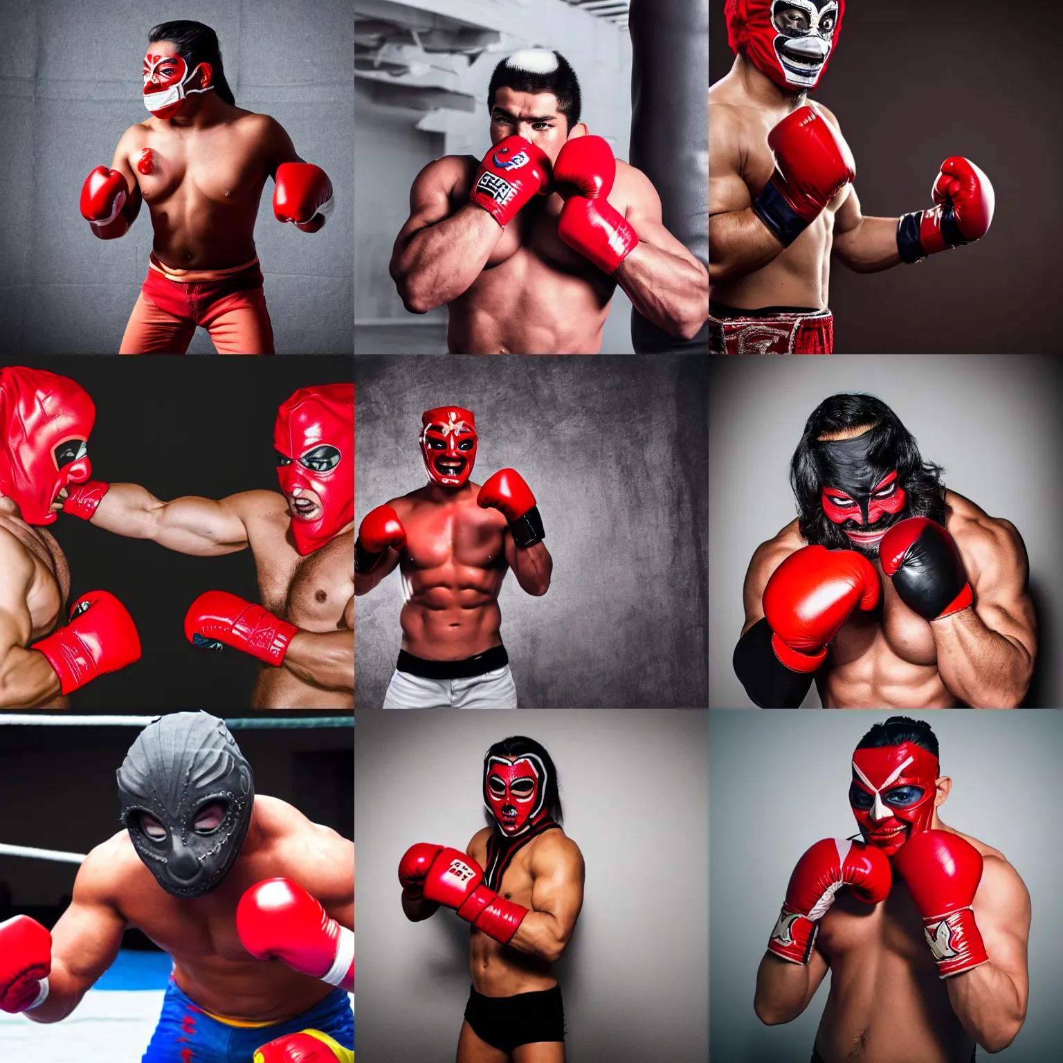 Prompt: muscular mexican wrestler with red mask wearing boxing gloves