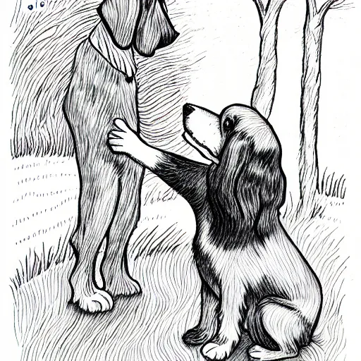 Prompt: a cute spaniel playing with Rupert Bear, illustration, hand drawn