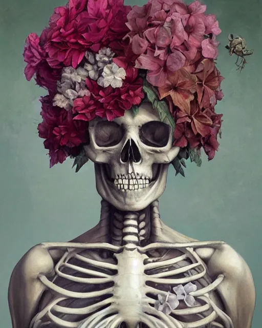 Image similar to a beautiful fine art portrait photo of skeleton, skull covered by hibiscus, daffodils, hydrangea, montsera leaves by tom bagshaw and zach sutton, very detailed, artstation, 8 k